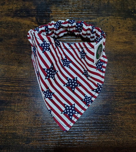 American flag patterned bandana on a wooden surface